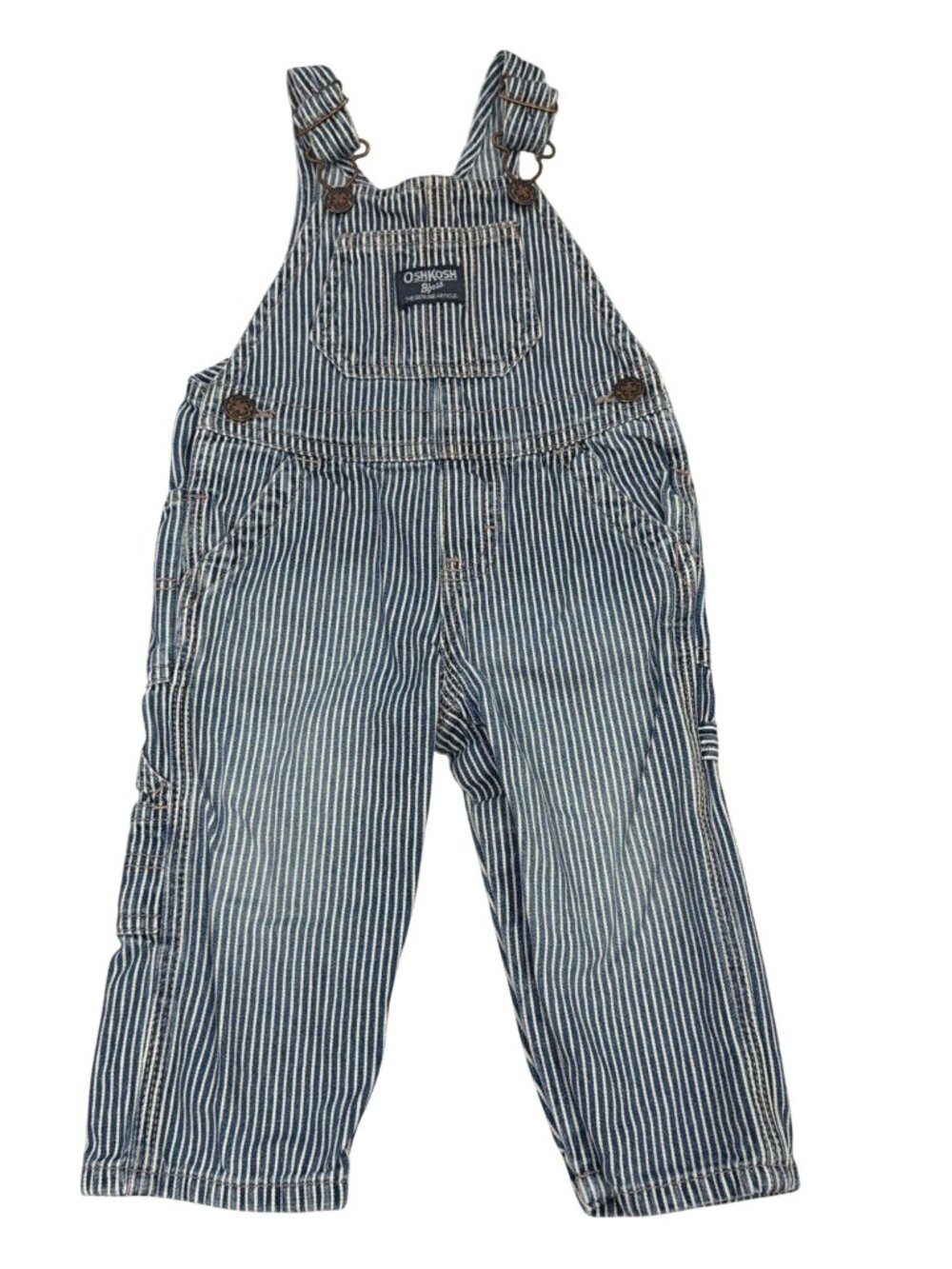 OshKosh Bgosh Blue & White Train Conductor Striped Denim Overalls 12 Months